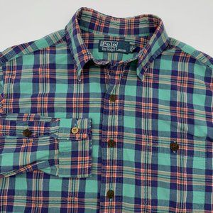 Polo Ralph Lauren Men’s M Blue Plaid Shirt Long Sleeve Pocket Preppy Classic